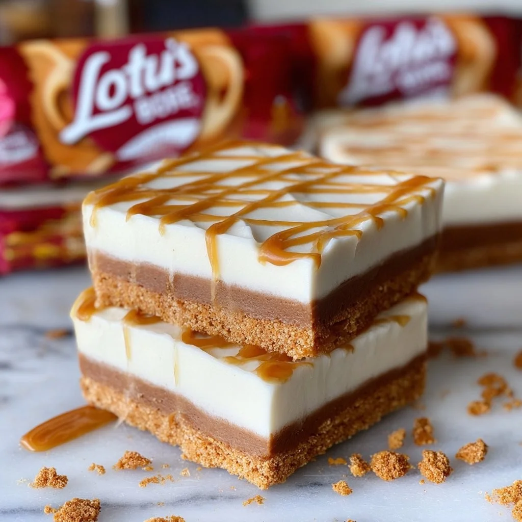 Deliciously layered no-bake Lotus Biscoff pie bars on a plate