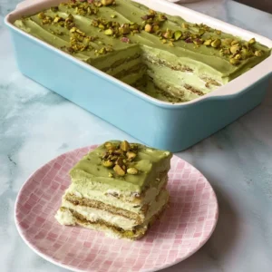 Delicious 5-ingredient pistachio lasagna dessert served on a plate