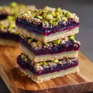Delicious Blackberry Pistachio Dream Bars topped with fresh blackberries and pistachios