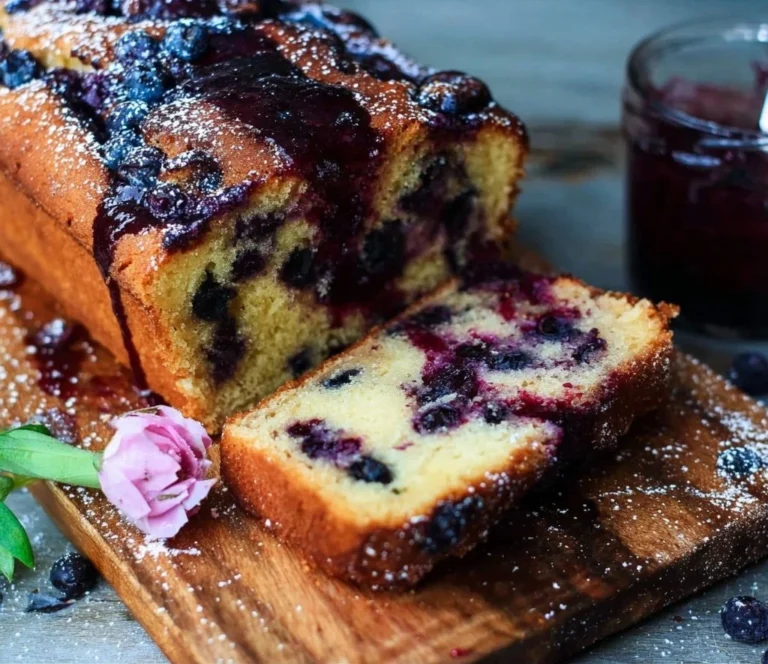 Delicious Blueberry Lavender Pound Cake with blueberries and lavender flowers