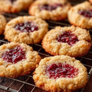Buttery raspberry crumble cookies with a crispy topping and fresh raspberries.