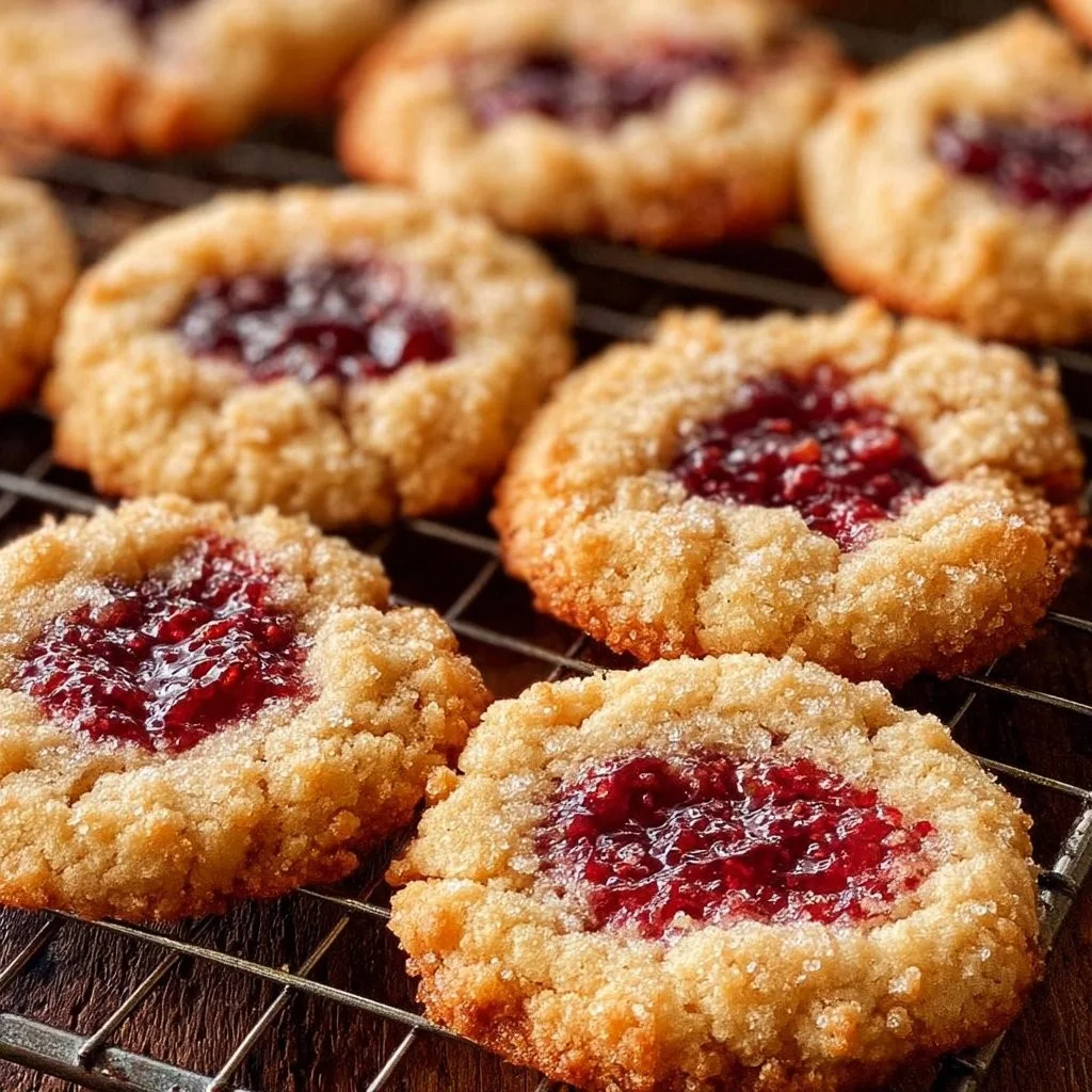Buttery raspberry crumble cookies with a crispy topping and fresh raspberries.