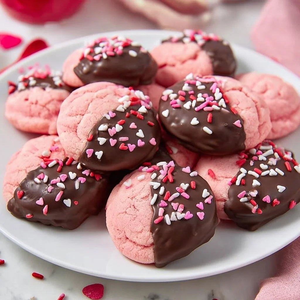 Chocolate covered strawberry cookies on a white plate