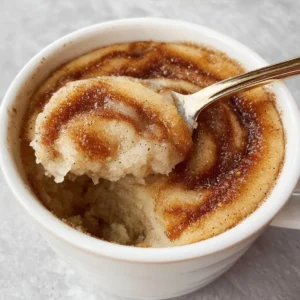 Delicious cinnamon roll mug cake topped with icing in a white mug