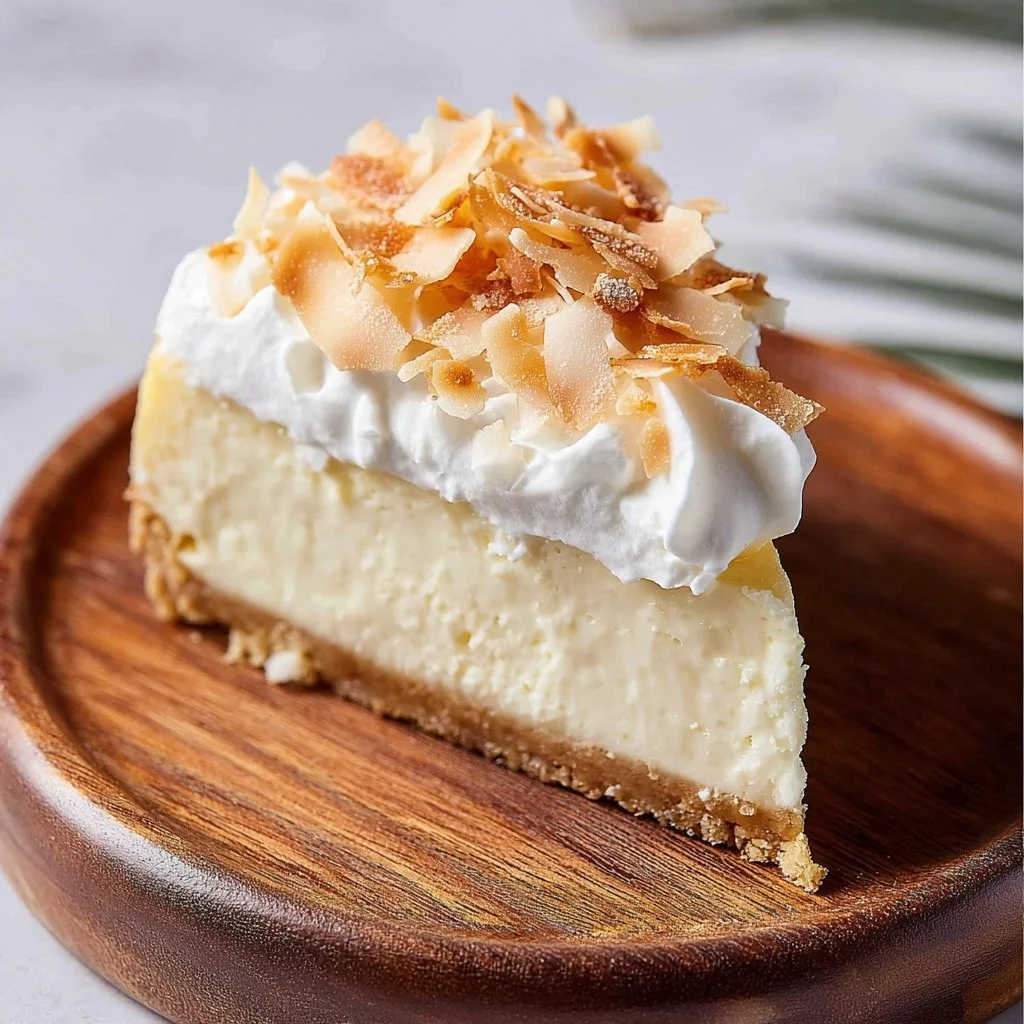 Delicious slice of Coconut Cheesecake topped with coconut flakes