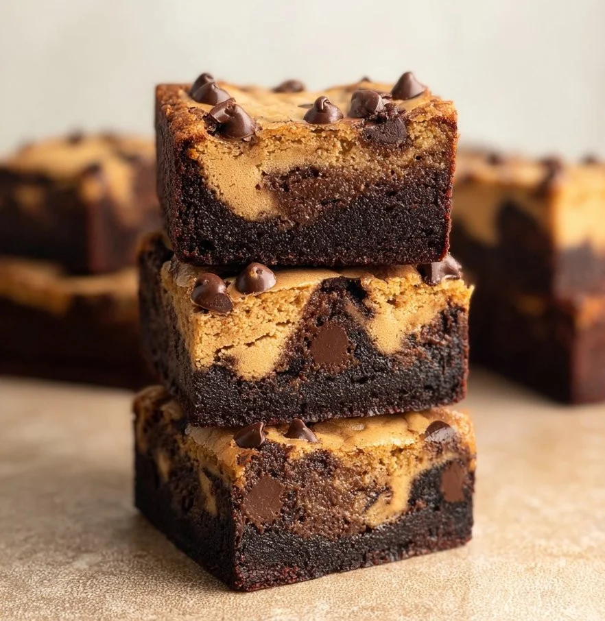 Delicious cookie dough brownies topped with gooey cookie dough.