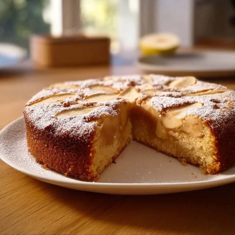 Delicious and moist French Apple Cake served on a rustic wooden table.