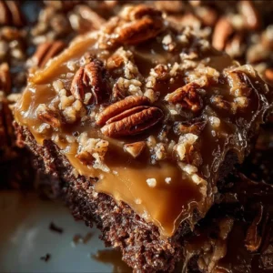 Slice of German Chocolate Poke Cake topped with chocolate and coconut frosting