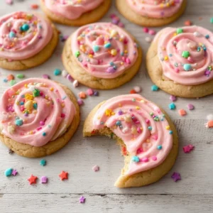 Iced birthday cake cookies decorated with colorful frosting and sprinkles
