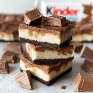 Delicious Kinder Cheesecake Bars served on a white plate with chocolate drizzle.