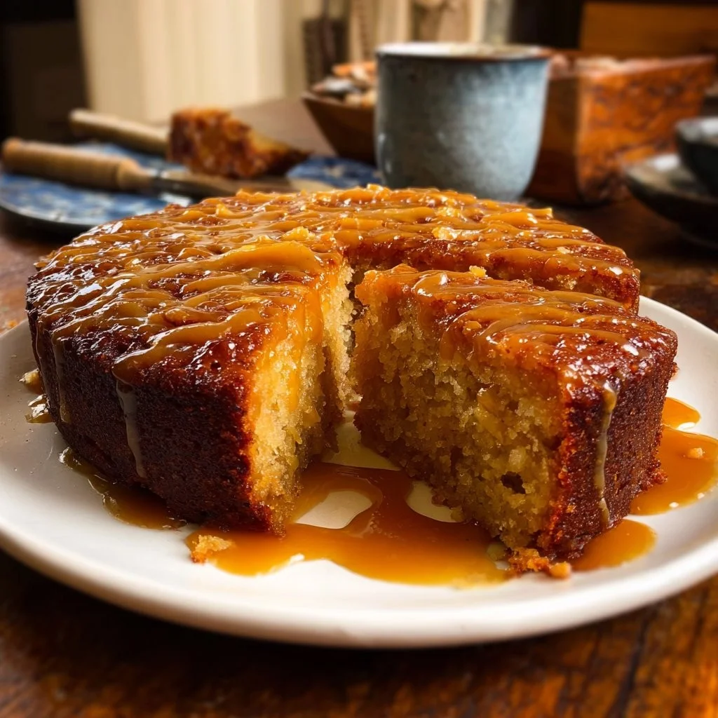 Moist Date Apple Cake with Buttery Toffee Sauce served on a plate