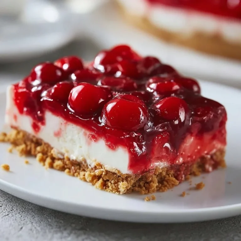 Delicious no bake cherry delight dessert with a creamy filling and cherry topping.