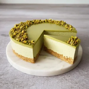 No-Bake Pistachio Cheesecake with a creamy texture and green pistachio topping