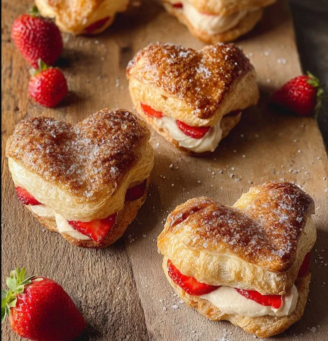 Nutella-filled strawberries resting atop cream puffs, a delicious dessert treat.
