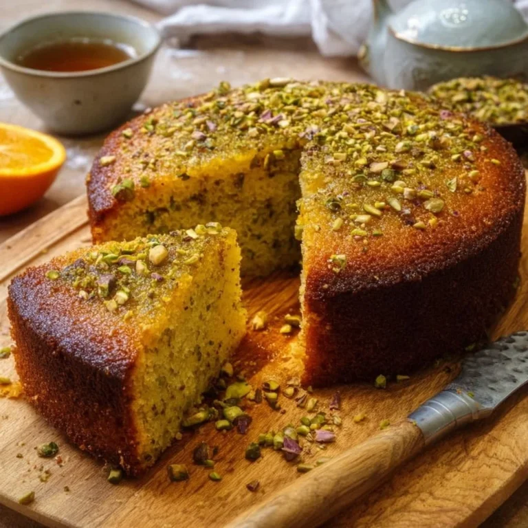 Sliced Orange, Cardamom, and Pistachio Tea Cake on a serving plate