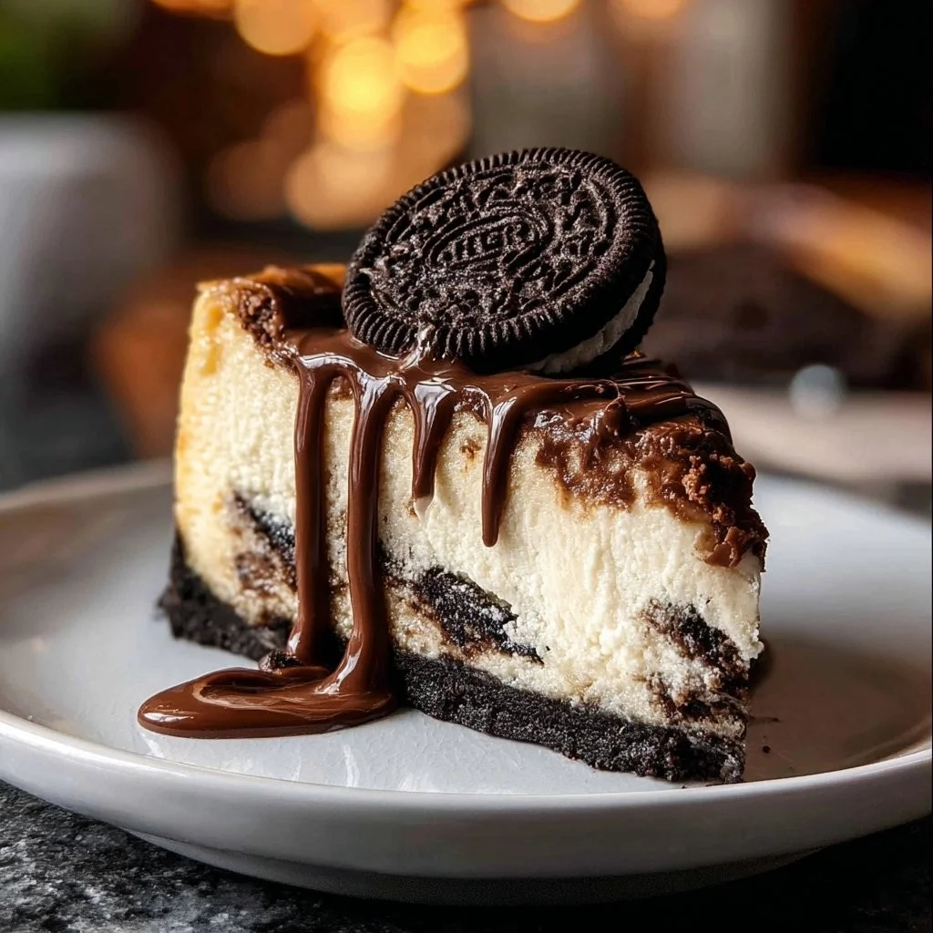 Deliciously creamy Oreo Cheesecake topped with crushed Oreo cookies.