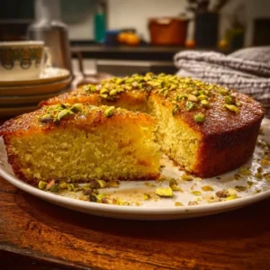 Persian Love Cake topped with orange zest and pistachios served on a decorative plate.
