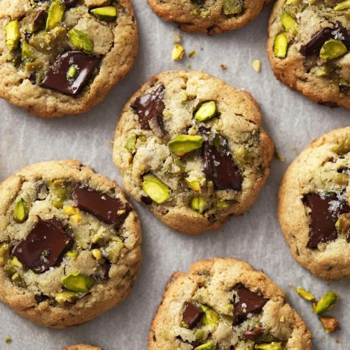 Pistachio cream cookies arranged on a plate, showcasing their enticing texture and color.