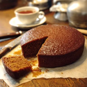 Slice of rich molasses and fresh ginger cake on a plate with a fork