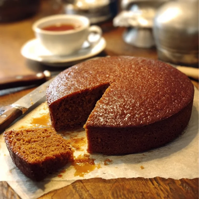 Slice of rich molasses and fresh ginger cake on a plate with a fork