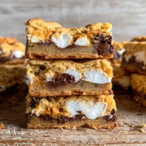 Delicious S'mores Blondies topped with marshmallows and chocolate chunks
