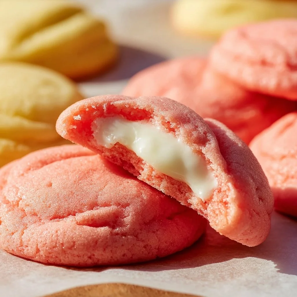 Homemade strawberry cheesecake cookies with fresh strawberries and creamy filling