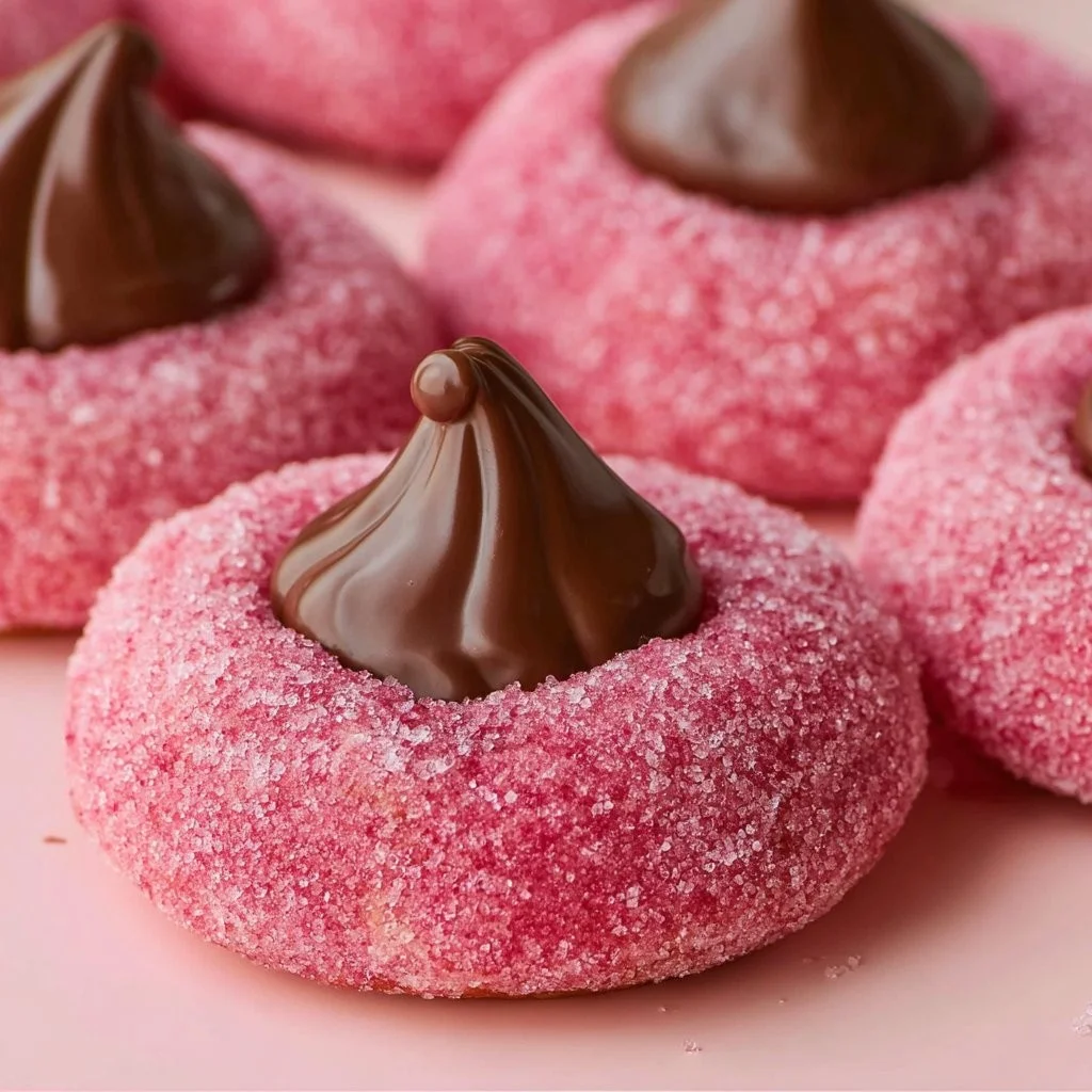Freshly baked Strawberry Kiss Cookies on a plate