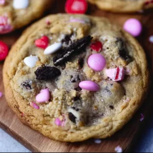 Valentine's Day Oreo M&M's Cookies on a pink plate
