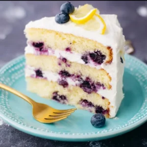 Delicious lemon blueberry cake with fresh blueberries and lemon glaze.
