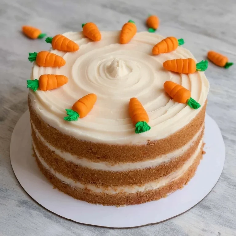 Slice of homemade carrot cake with cream cheese frosting and decorative carrot garnish