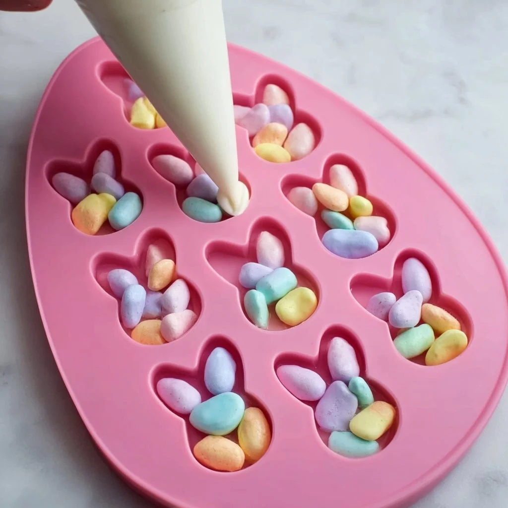 Colorful Easter Bunny Bark decorated with chocolate and sprinkles.