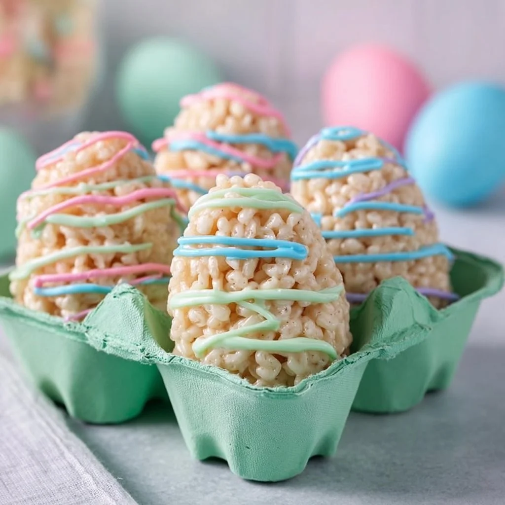 Colorful Easter Egg Rice Krispies Treats shaped like eggs for a festive holiday treat.