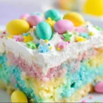 Delicious Easter Poke Cake topped with pastel colors and festive decorations