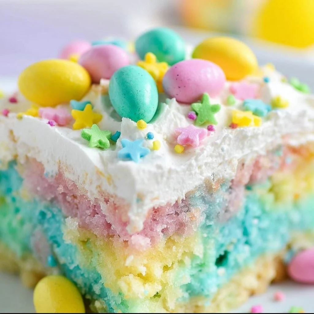 Delicious Easter Poke Cake topped with pastel colors and festive decorations