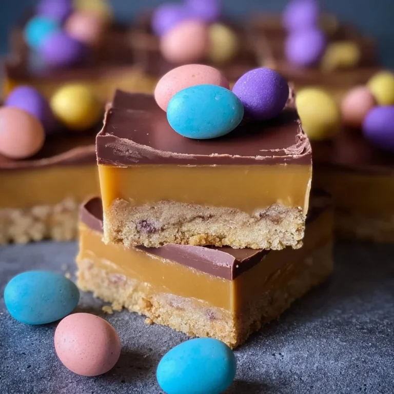 Delicious Millionaires Shortbread topped with Mini Eggs on a dessert plate.