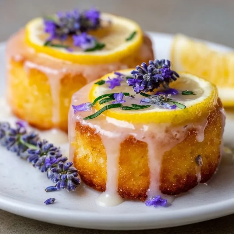 Mini lemon cakes drizzled with lavender glaze on a decorative plate.