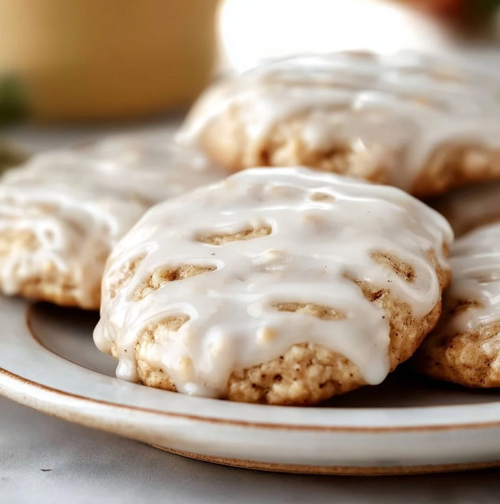 Delicious no-bake cinnamon roll cookies on a plate with icing