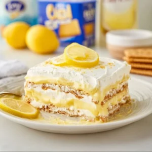 Delicious no-bake lemon icebox cake with fresh lemon slices and whipped cream