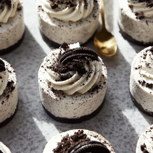 Delicious no-bake Oreo cheesecakes topped with crushed Oreos and chocolate drizzle.