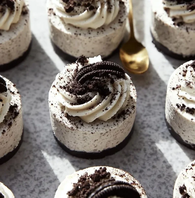 Delicious no-bake Oreo cheesecakes topped with crushed Oreos and chocolate drizzle.