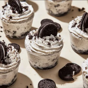 Delicious Oreo no-bake cheesecake cups topped with crumbled cookies