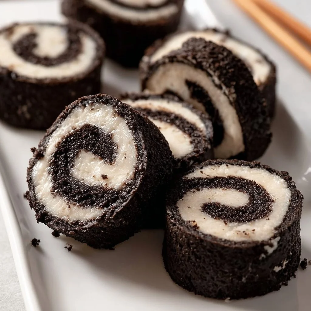 Delicious Oreo sushi rolls made with crushed Oreos and sweet ingredients