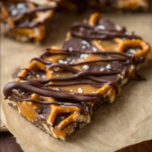 Homemade salted caramel pretzel bark topped with chocolate and sea salt