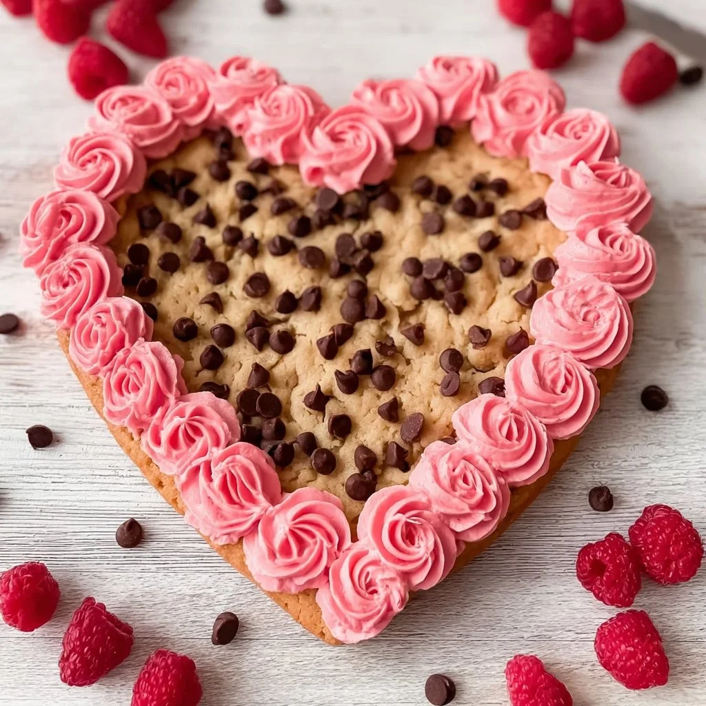 Delicious Valentine's Cookie Pie with heart-shaped decorations and chocolate chips