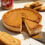 Delicious Biscoff Cheesecake topped with crushed cookies and drizzled sauce