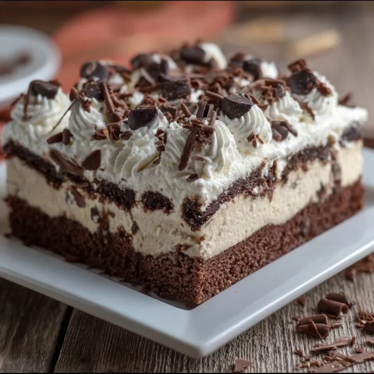 Decadent Brownie Refrigerator Cake served on a plate with chocolate drizzle.