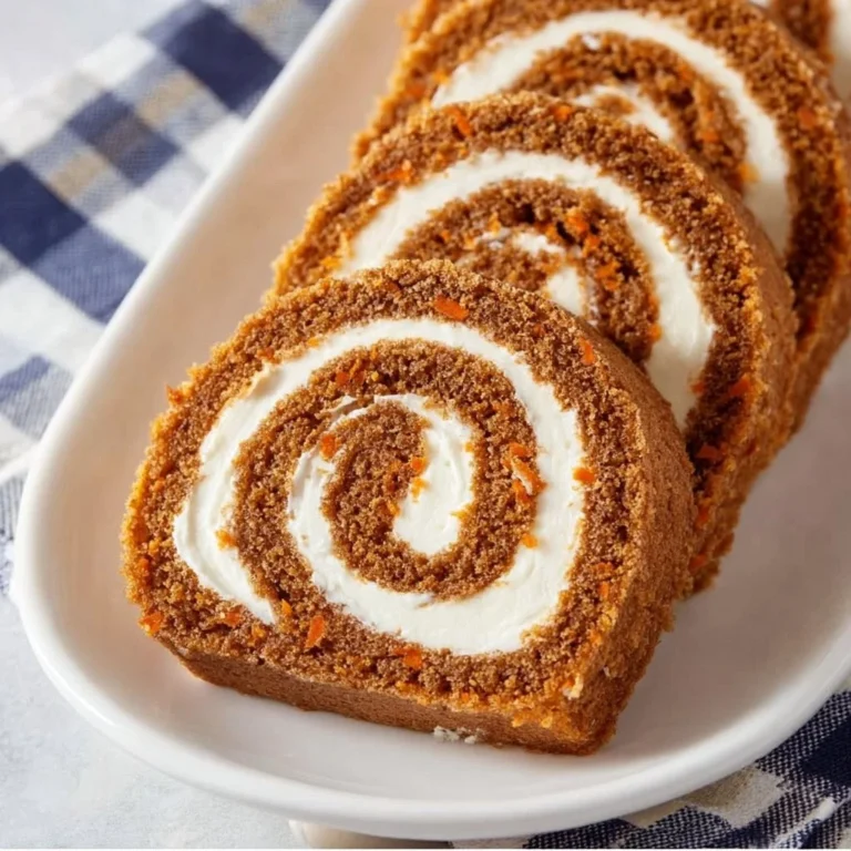 Delicious carrot cake roll topped with cream cheese frosting and garnished with cinnamon.