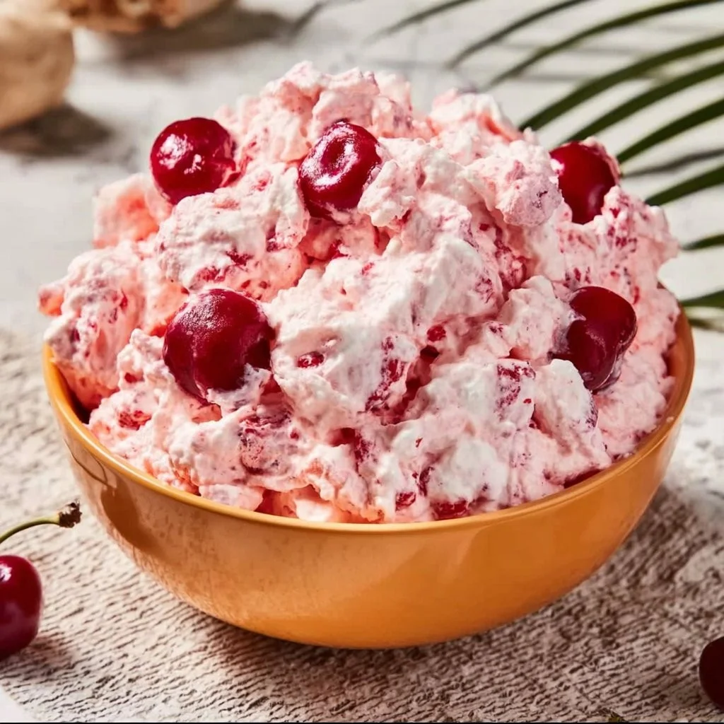 Delicious Cherry Cheesecake Fluff dessert in a serving dish.