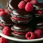 Dark chocolate raspberry macarons with creamy filling on a white plate.
