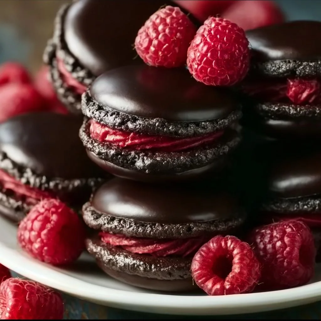Dark chocolate raspberry macarons with creamy filling on a white plate.